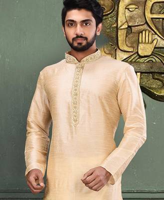 Fawn dupion art silk  kurta with cotton silk kurta with hand work on collor button neck and mohri 1