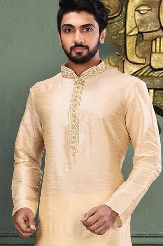 Fawn dupion art silk  kurta with cotton silk kurta with hand work on collor button neck and mohri