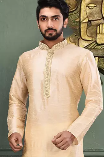 Fawn dupion art silk  kurta with cotton silk kurta with hand work on collor button neck and mohri