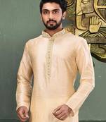 Fawn dupion art silk  kurta with cotton silk kurta with hand work on collor button neck and mohri