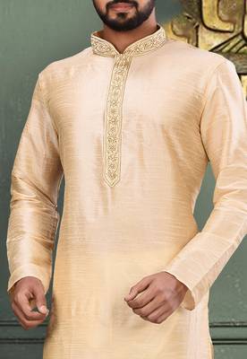 Fawn dupion art silk  kurta with cotton silk kurta with hand work on collor button neck and mohri 2
