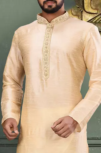 Fawn dupion art silk  kurta with cotton silk kurta with hand work on collor button neck and mohri