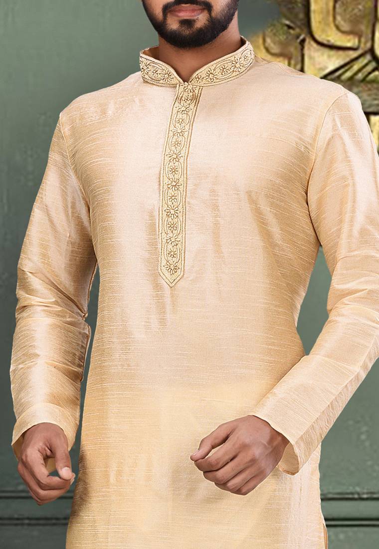 Fawn dupion art silk  kurta with cotton silk kurta with hand work on collor button neck and mohri