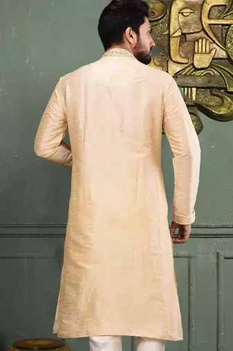 Fawn dupion art silk  kurta with cotton silk kurta with hand work on collor button neck and mohri
