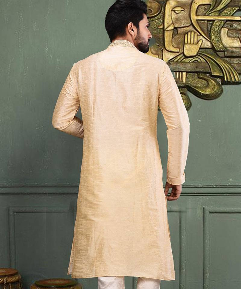 Fawn dupion art silk  kurta with cotton silk kurta with hand work on collor button neck and mohri