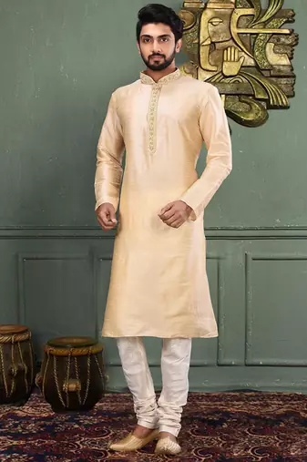 Fawn dupion art silk  kurta with cotton silk kurta with hand work on collor button neck and mohri