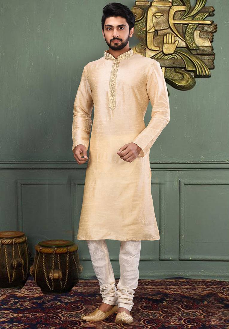 Fawn dupion art silk  kurta with cotton silk kurta with hand work on collor button neck and mohri