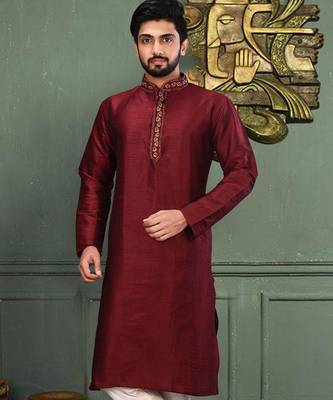 Red dupion art silk  kurta with cotton silk kurta with hand work on collor button neck and mohri 1