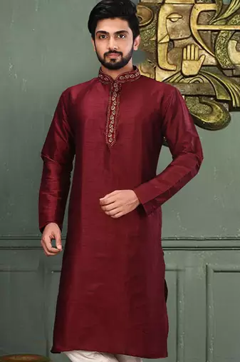 Red dupion art silk  kurta with cotton silk kurta with hand work on collor button neck and mohri