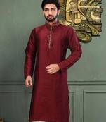 Red dupion art silk  kurta with cotton silk kurta with hand work on collor button neck and mohri