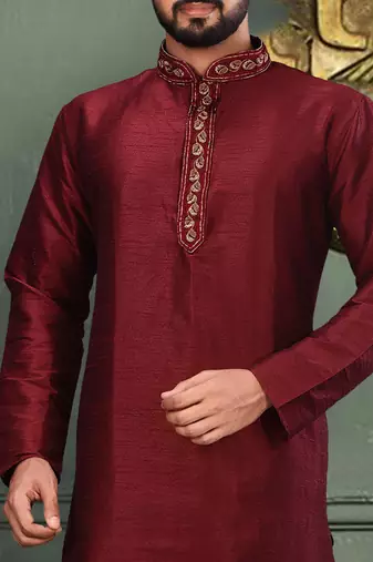 Red dupion art silk  kurta with cotton silk kurta with hand work on collor button neck and mohri