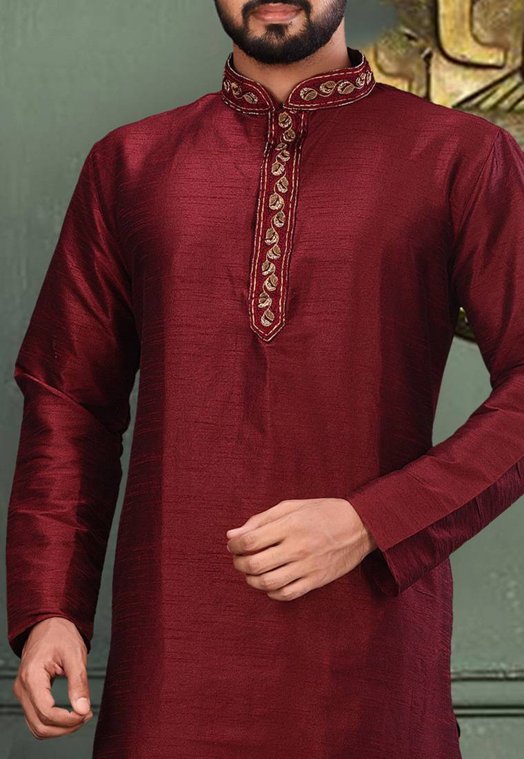 Red dupion art silk  kurta with cotton silk kurta with hand work on collor button neck and mohri