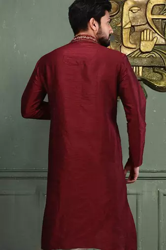 Red dupion art silk  kurta with cotton silk kurta with hand work on collor button neck and mohri