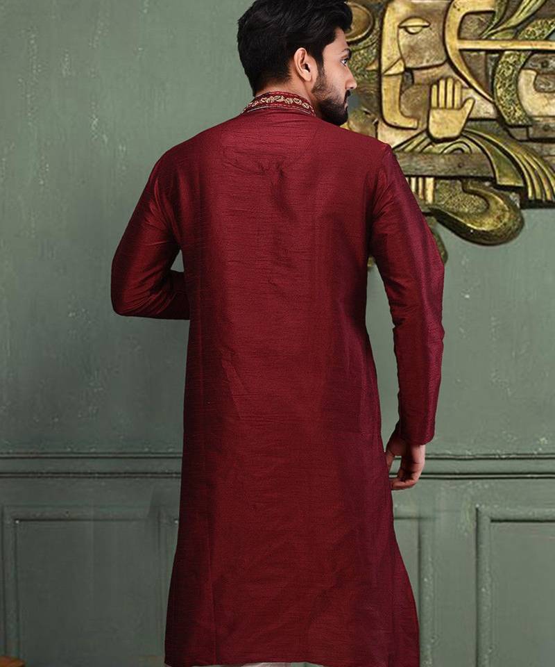 Red dupion art silk  kurta with cotton silk kurta with hand work on collor button neck and mohri