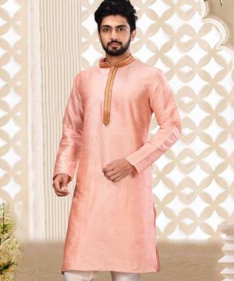 Pink dupion art silk kurta with cotton silk kurta with hand work on collor button neck and mohri 1