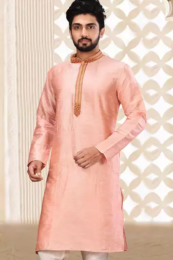 Pink dupion art silk kurta with cotton silk kurta with hand work on collor button neck and mohri
