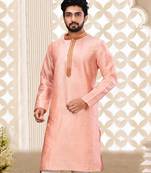 Pink dupion art silk kurta with cotton silk kurta with hand work on collor button neck and mohri