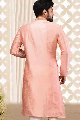 Pink dupion art silk kurta with cotton silk kurta with hand work on collor button neck and mohri