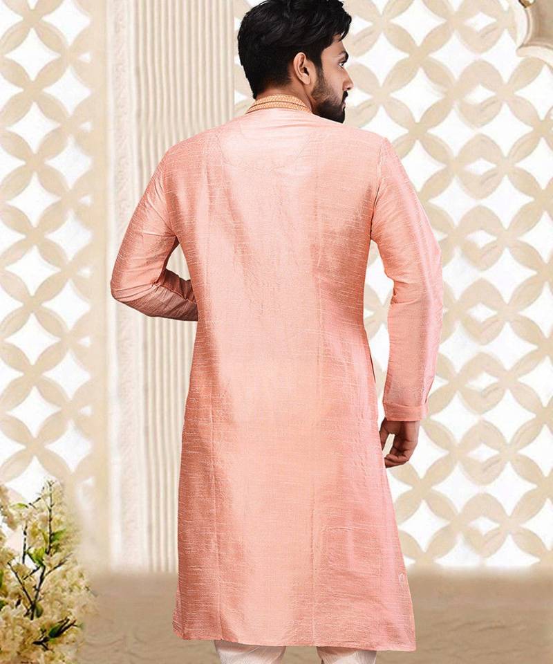 Pink dupion art silk kurta with cotton silk kurta with hand work on collor button neck and mohri