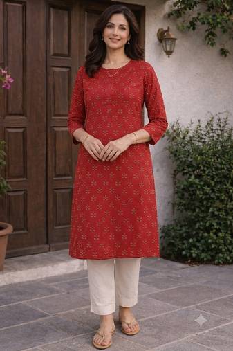 Saka Designs Red Printed Cotton Kurti