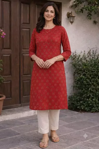 Saka Designs Red Printed Cotton Kurti
