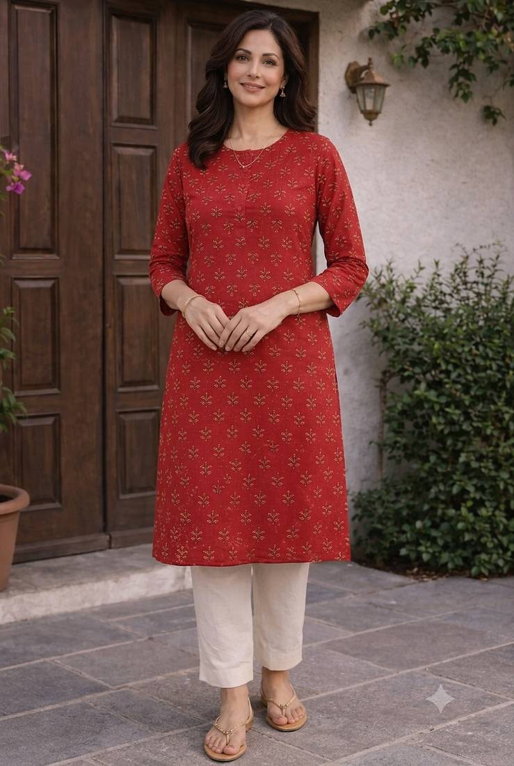 Red printed cotton kurti