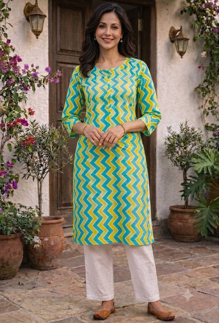 Aqua blue & light green printed cotton kurti