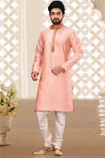 Pink dupion art silk kurta with cotton silk kurta with hand work on collor button neck and mohri