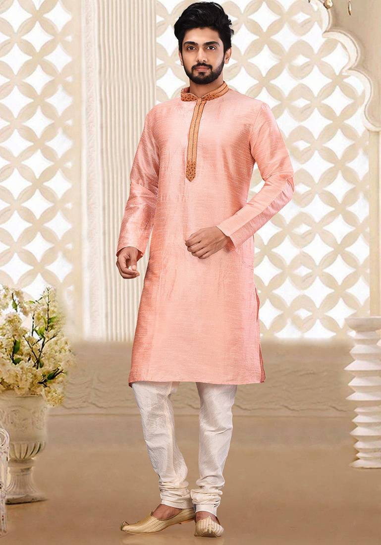 Pink dupion art silk kurta with cotton silk kurta with hand work on collor button neck and mohri