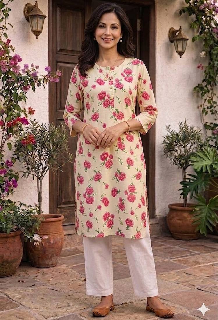 Cream printed cotton kurti