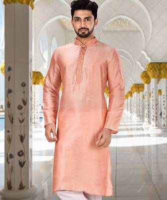 Pink dupion art silk kurta with cotton silk kurta with hand work on collor button neck and mohri 1