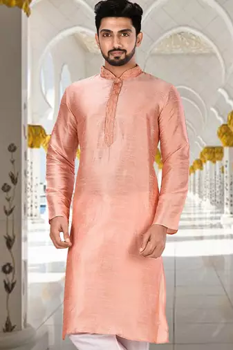 Pink dupion art silk kurta with cotton silk kurta with hand work on collor button neck and mohri