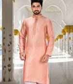 Pink dupion art silk kurta with cotton silk kurta with hand work on collor button neck and mohri