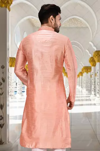 Pink dupion art silk kurta with cotton silk kurta with hand work on collor button neck and mohri