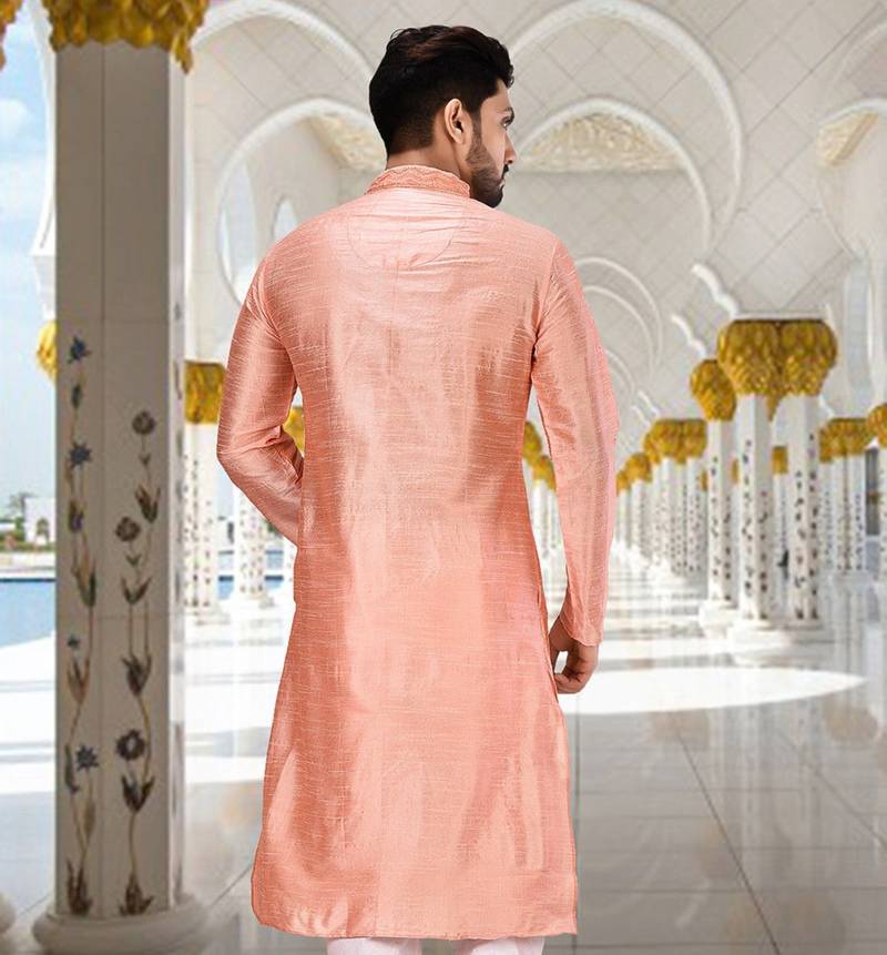 Pink dupion art silk kurta with cotton silk kurta with hand work on collor button neck and mohri