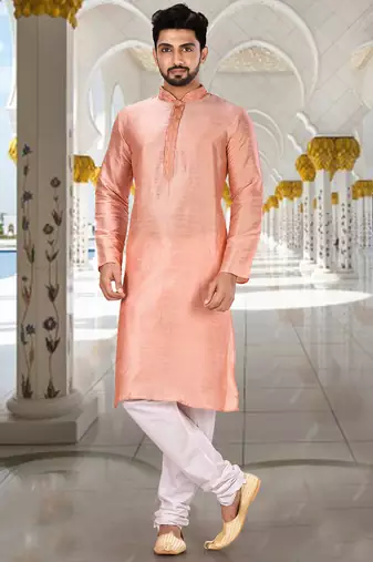 Pink dupion art silk kurta with cotton silk kurta with hand work on collor button neck and mohri