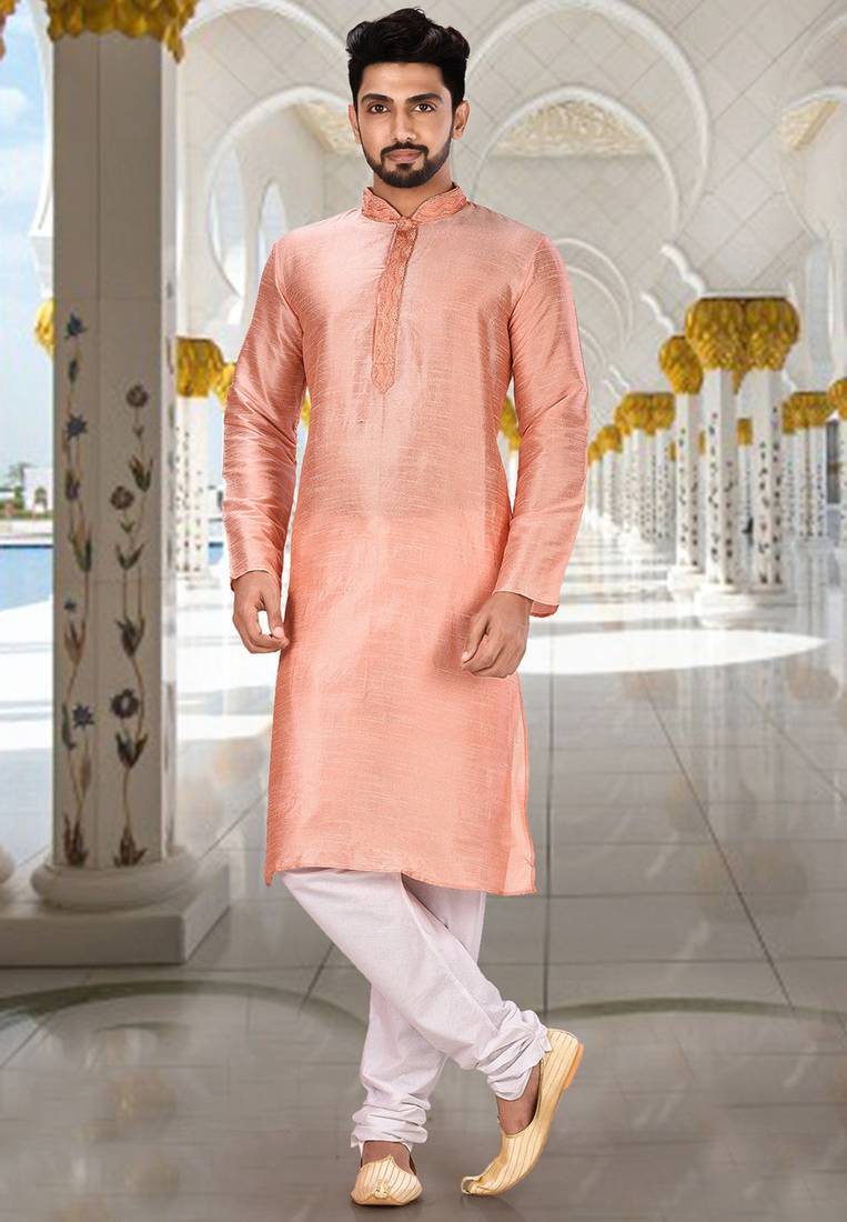 Pink dupion art silk kurta with cotton silk kurta with hand work on collor button neck and mohri