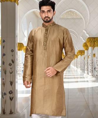 Beige dupion art silk kurta with  cuff and fancy buttons 1