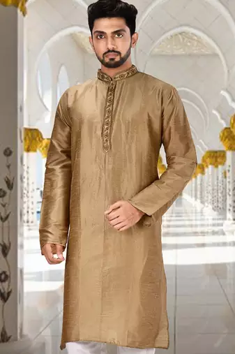 Beige dupion art silk kurta with  cuff and fancy buttons
