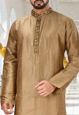 Beige dupion art silk kurta with  cuff and fancy buttons 2