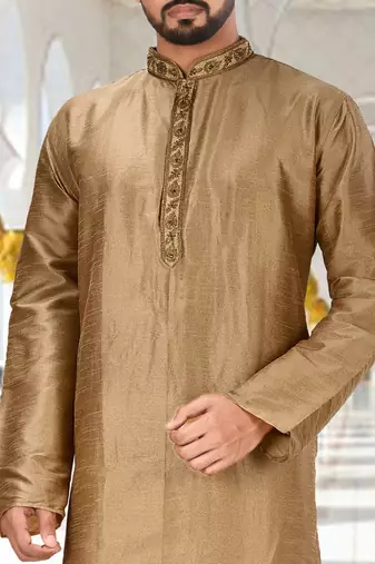 Beige dupion art silk kurta with  cuff and fancy buttons