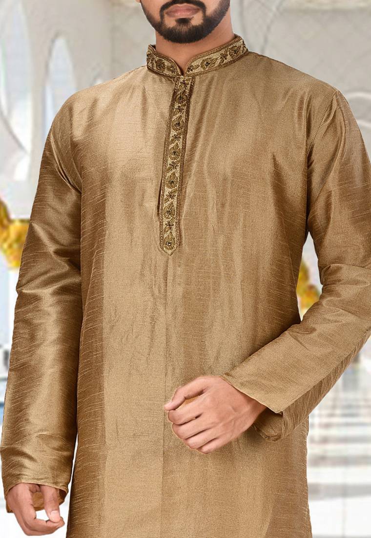 Beige dupion art silk kurta with  cuff and fancy buttons