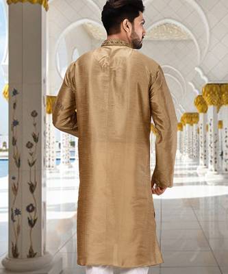 Beige dupion art silk kurta with  cuff and fancy buttons 3