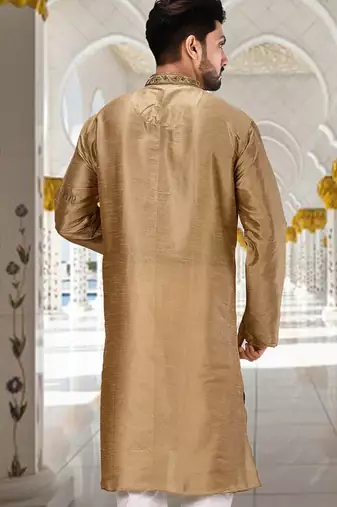 Beige dupion art silk kurta with  cuff and fancy buttons
