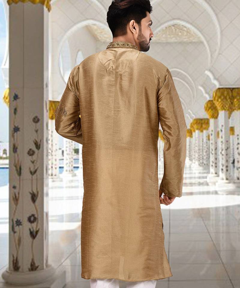 Beige dupion art silk kurta with  cuff and fancy buttons