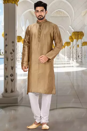 Beige dupion art silk kurta with  cuff and fancy buttons