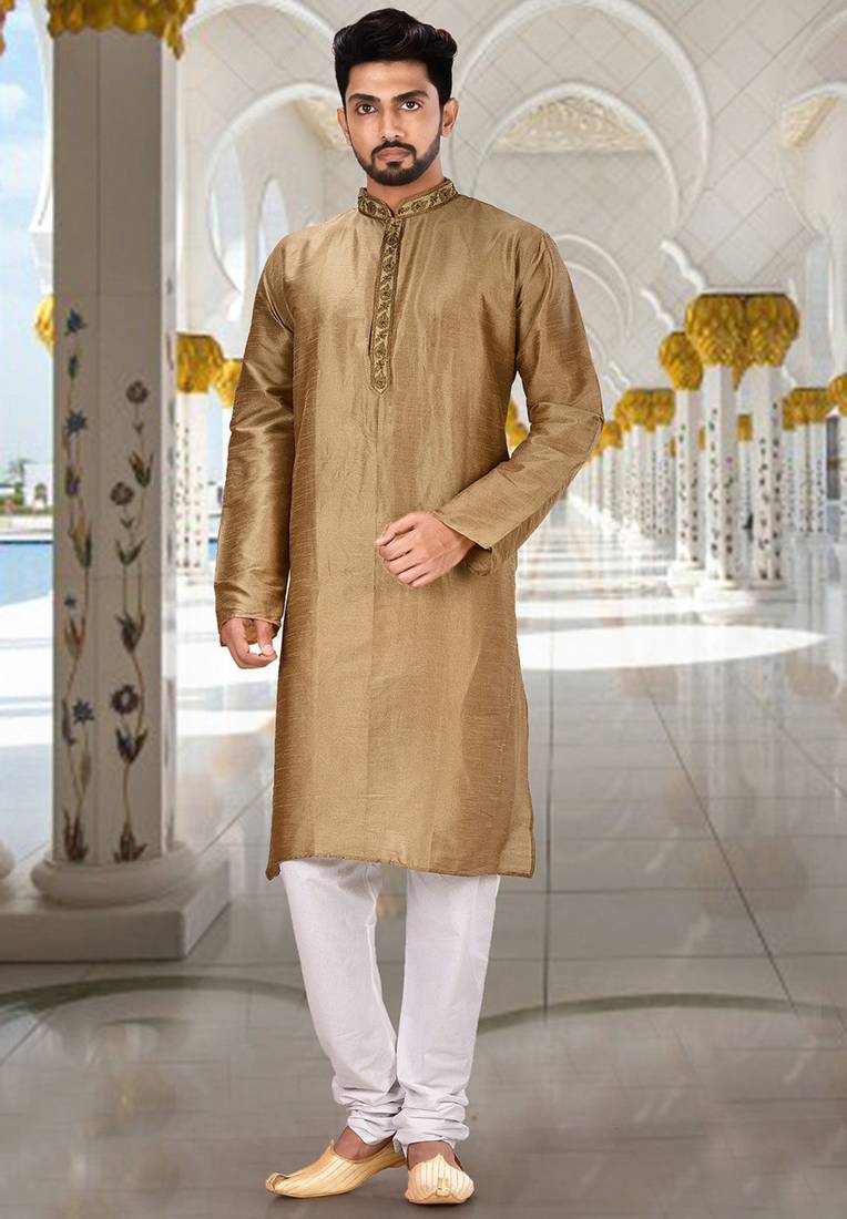 Beige dupion art silk kurta with  cuff and fancy buttons
