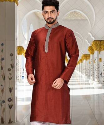 Red dupion art silk  kurta with handwork in collar and button line 1