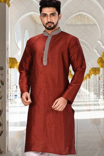 Red dupion art silk  kurta with handwork in collar and button line