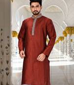 Red dupion art silk  kurta with handwork in collar and button line